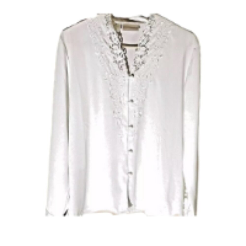 Christie & Jill Blouse Top Women Size 10 Embroidered Scalloped White Button Up - Picture 3 of 8
